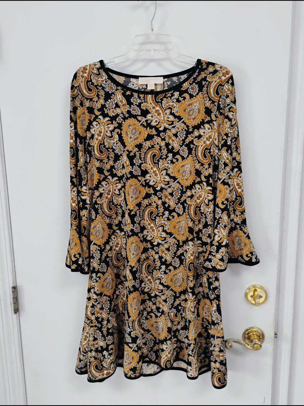 Michael Kors Large Black Paisley Bell Sleeve Swing Dress Size L